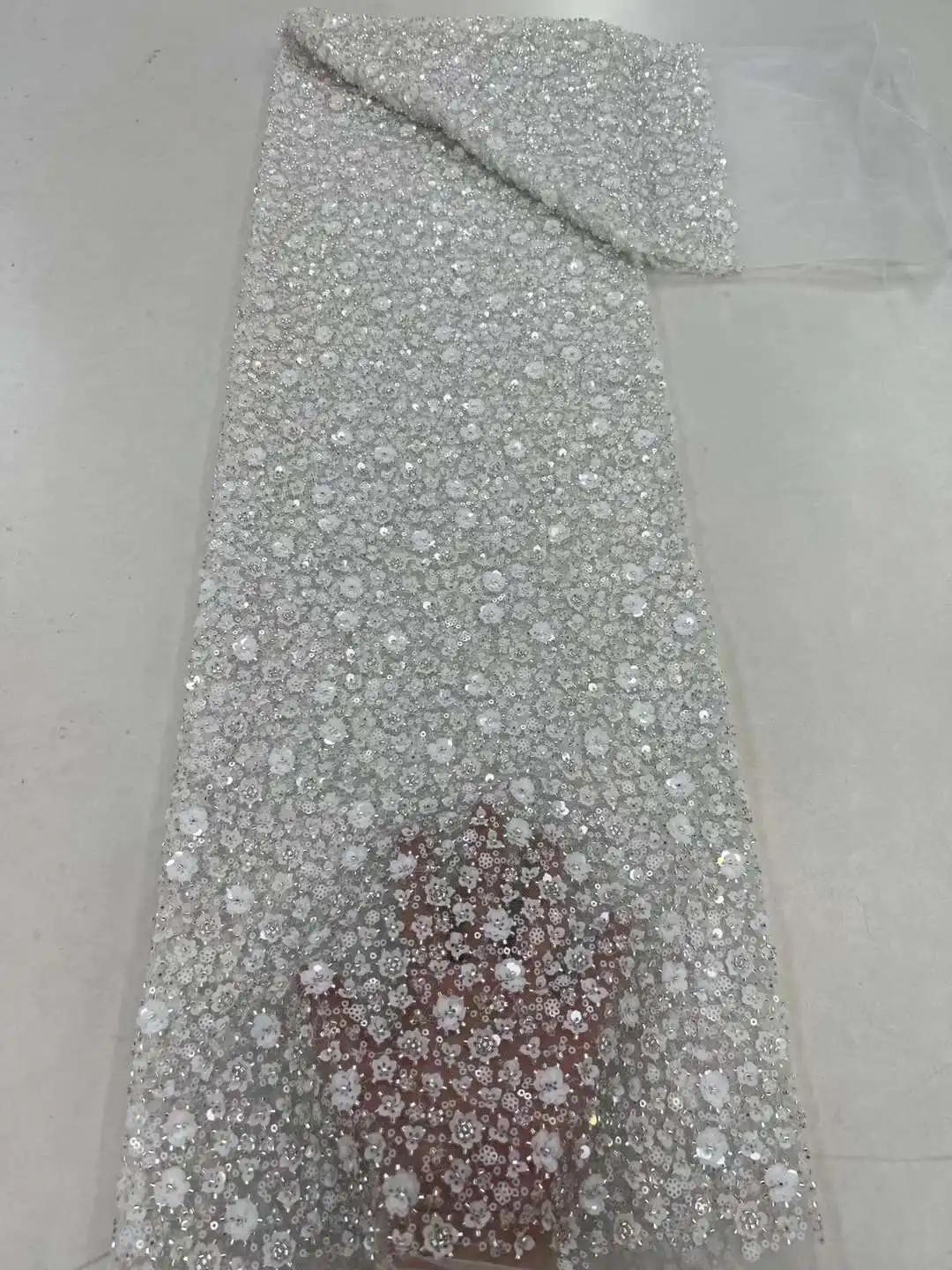 

African Sequins Lace Fabrics Latest Beaded Embroidery French Tulle Mesh Lace Fabric Material For Party Wedding Sewing