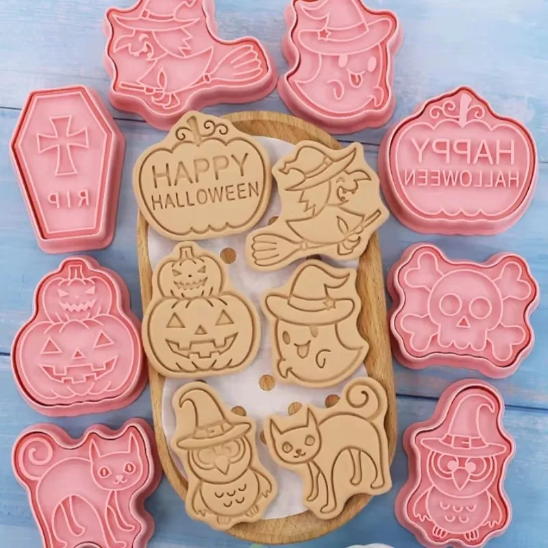 Halloween Cookies Cutters Cartoon Pumpkin Pressable Biscuit Mold Plastic Confectionery Fondant Cookie Stamp Baking Pastry Tools