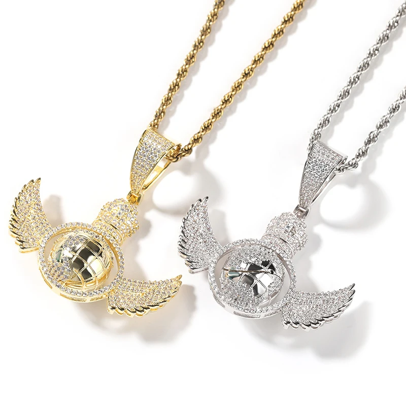 

Hip Hop 5A+ CZ Stone Paved Bling Iced Out Angel Wing Globe Pendants Necklace for Men Rapper Jewelry Gold Silver Color