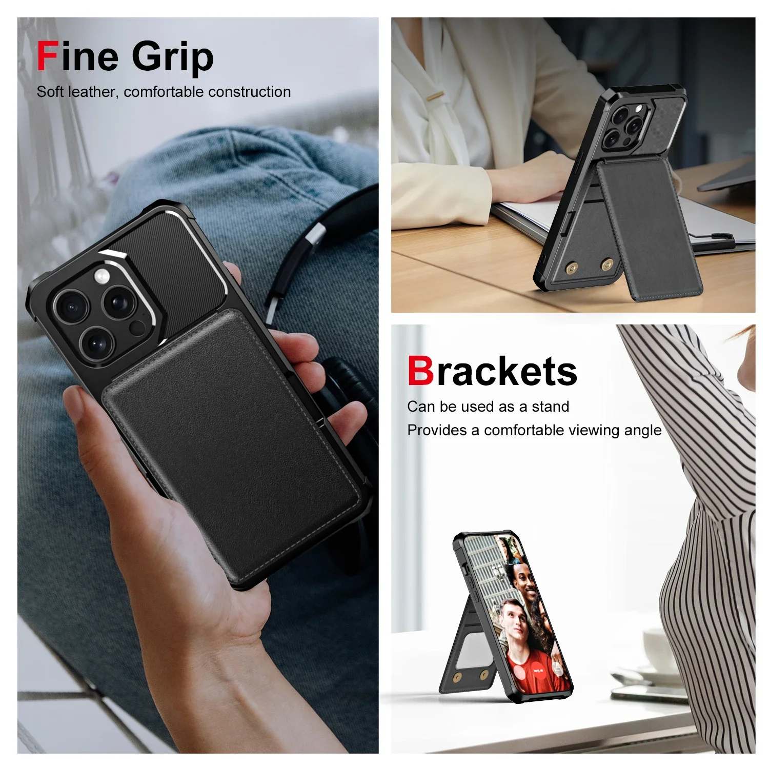 Leather Vertical Card Slot Wallet Case with Anti-Fall Stand and Double Magnetic Clasp