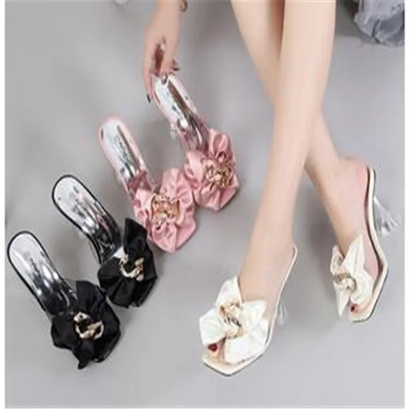 Transparent Slippers For Women 2023 Summer Fashion Pink Butterfly-knot Designer Sandals Clear Heels Size 46 Female Shoes