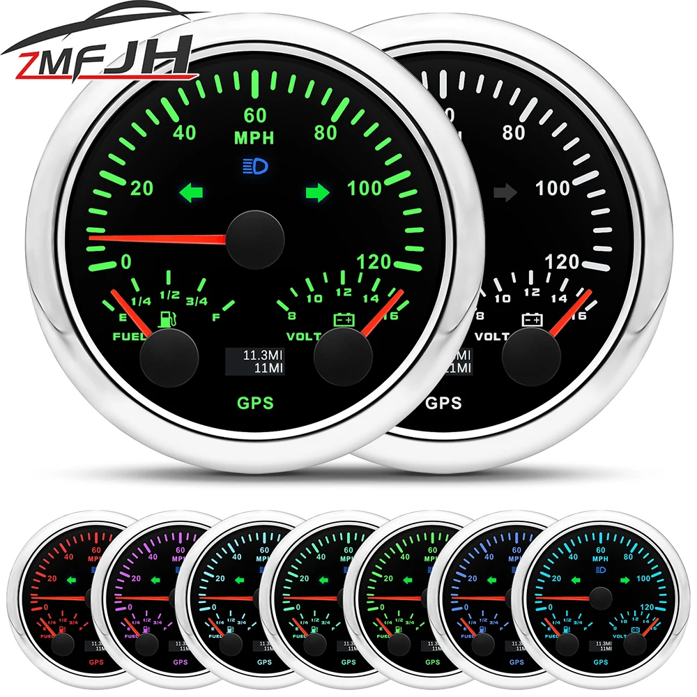 

85MM 3 IN 1 Gauge 0-120 MPH GPS Speedometer 8-16V Voltmeter Fuel Level Gauge 7 Color Backlight Waterproof Speed Meter Gauge