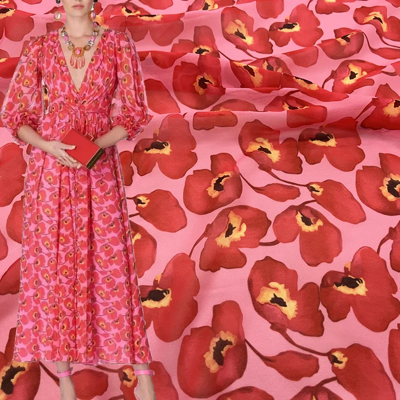 

Модное подиумное шифоновое платье с бусинами из ткани с принтом, женское платье, красная цветочная ткань diy