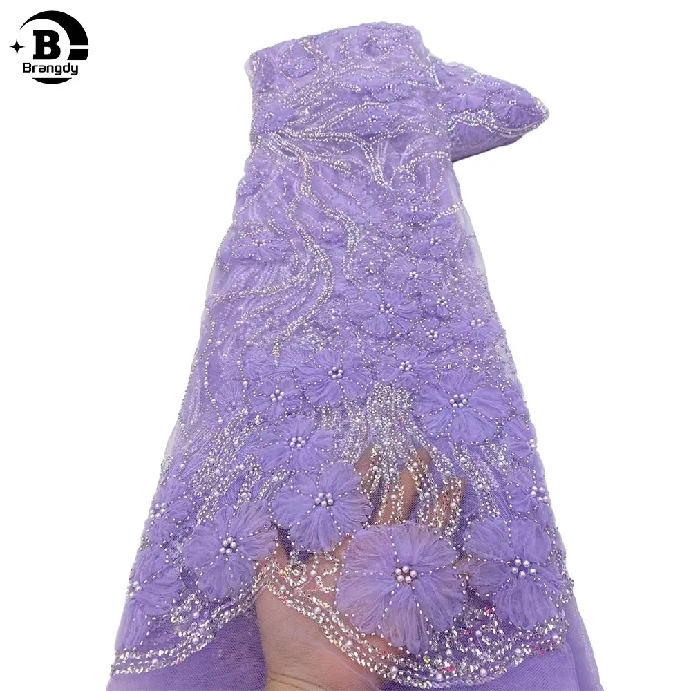 

Luxury 2024 African Beaded Lace Fabric Groom Embroidery French Mesh 3D Flower Lace Nigeria Tulle Lace For Wedding 5 Yards X65017