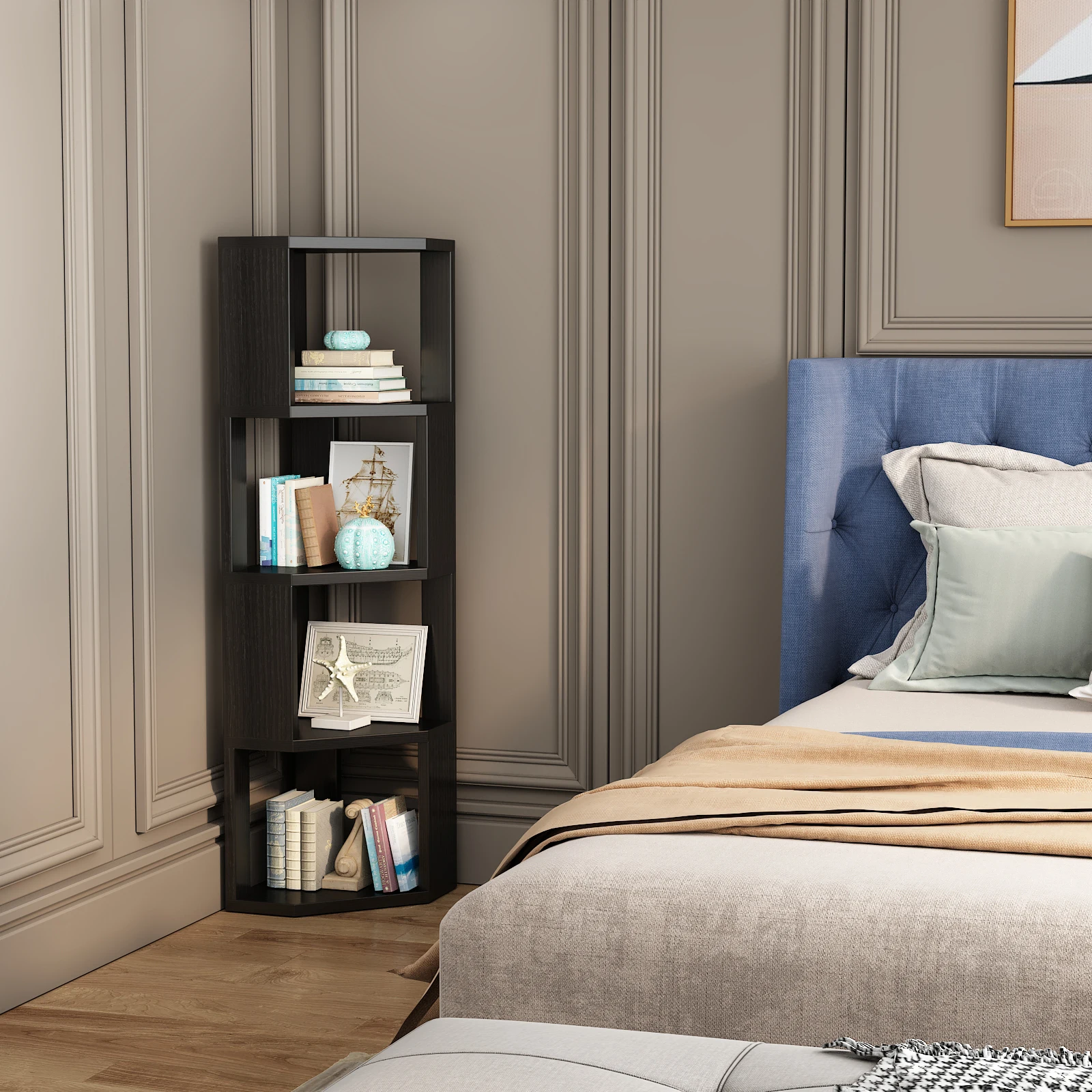 

5 Tier Corner Shelf Bookcase Wooden Display Bookshelf Storage Rack，Standing Tall Corner Bookshelf Display Unit Storage Rack