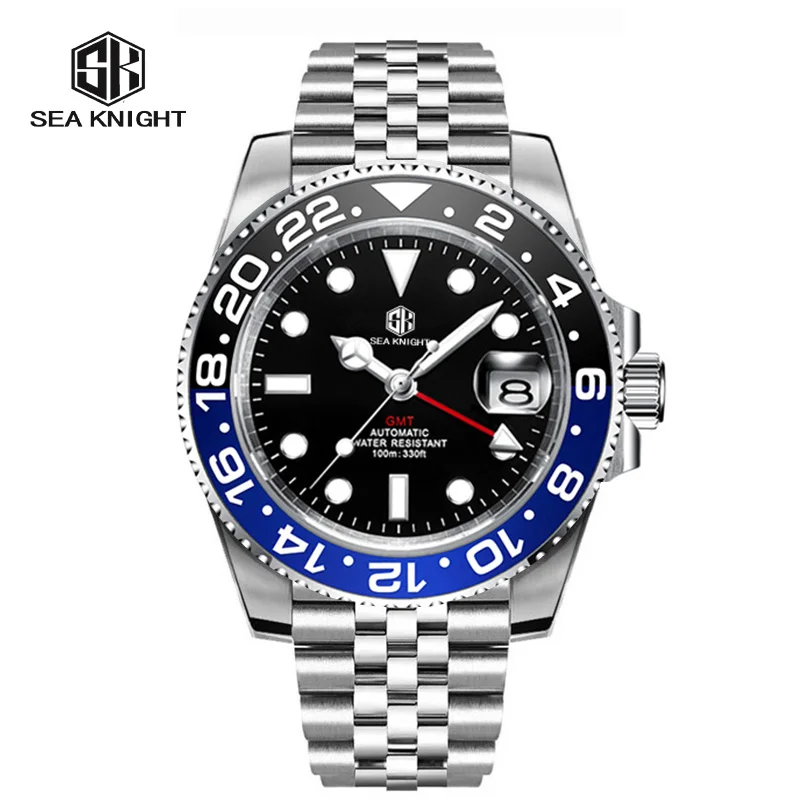 

Sea knight Retro GMT Automatic Men Diving Watch Sapphire Glass 10ATM Solid 5 links Solid Steel Strip NH34 Mechanical Top Watches
