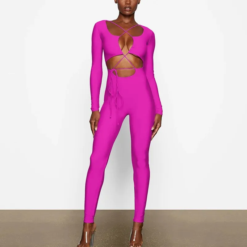 

Swimwear Women Cover Up Summer Dress Pareos Beach Bath Exits Sexy Tight Jumpsuit New Strap Backless Long Sleeve Solid Polyester