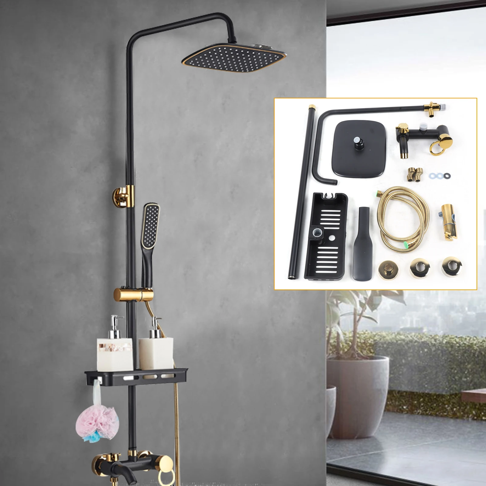 Black Shower Set Faucet Rainwater Manual System Pure Lead-Free Copper Material