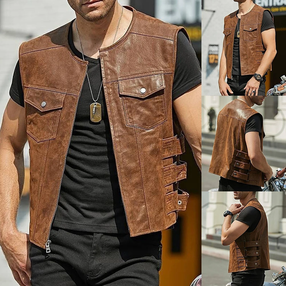 Description Picture 3 of itemAutumn Men Biker Faux Leather Vest Jacket Waistcoat Motorcycle Vest Solid Color Zip Up Cardigan Vest Tops Male Streetwear