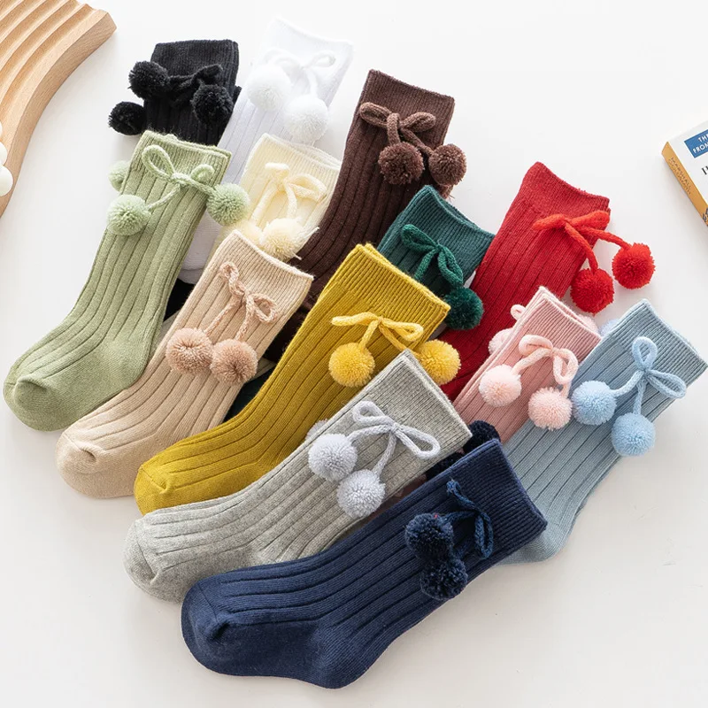 1 Pair Winter Kawaii Baby Stockings Cotton British Princess Knee High Long Bow Pom Tube Socks for Girls Knitted Sock for 0-4Year 6