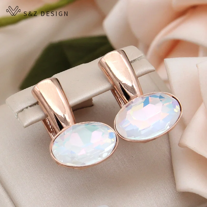 S&Z DESIGN New Fashion Egg Shape Oval Crystal Drop Earrings For Women Wedding Jewelry 585 Rose Gold Color Smooth Metal Eardrop