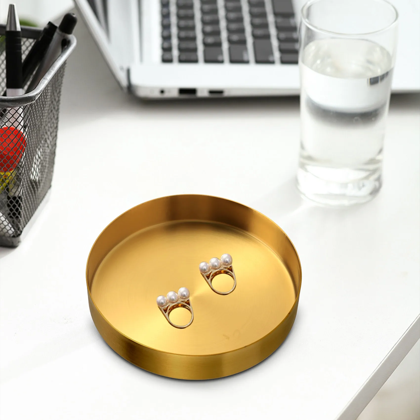 Round Gold Tray,Metal Decorative Tray Makeup Tray Organizer for Vanity,Bathroom,Dress,Matte Brass Finish, 4.9 Inch 4