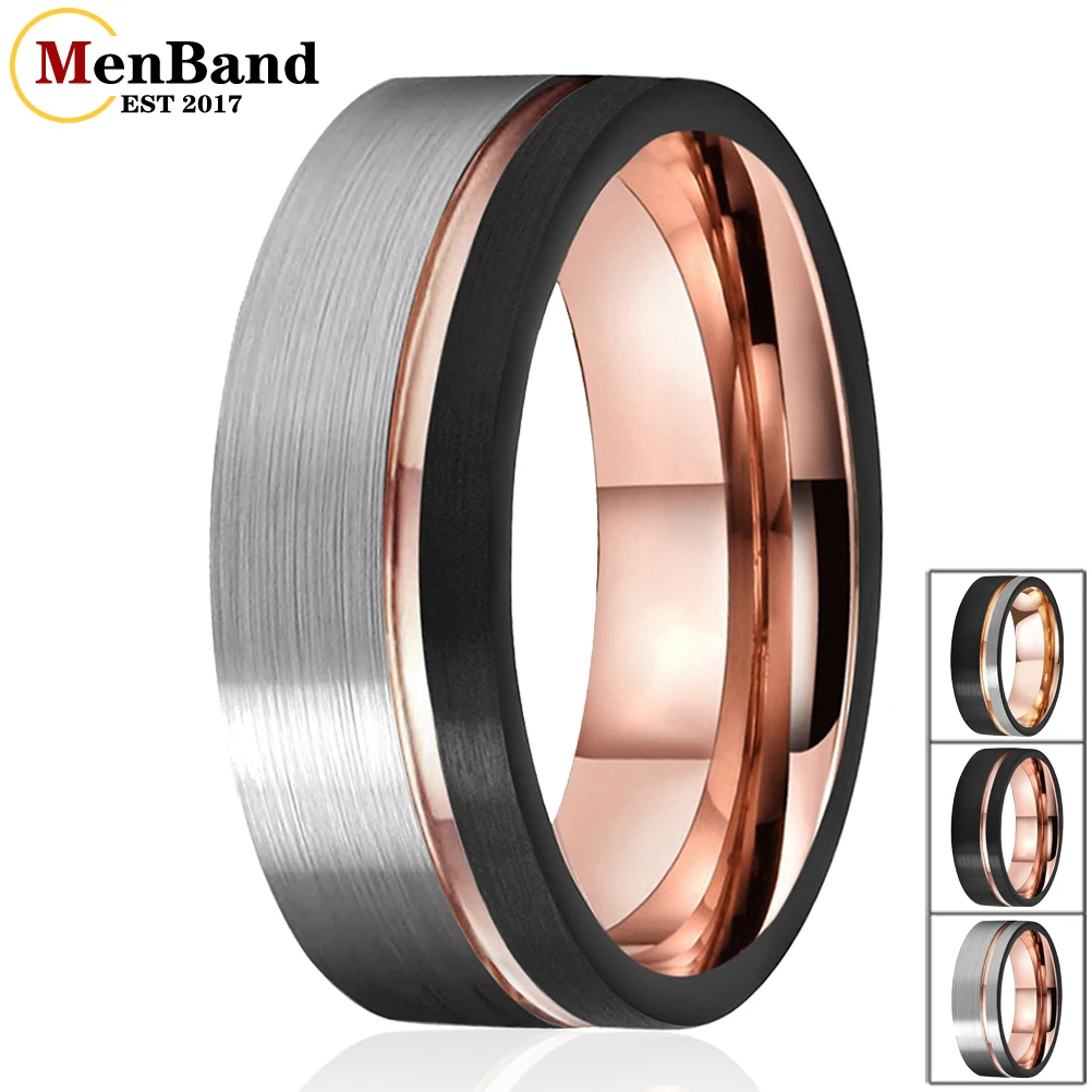 

MenBand 8MM Black Rose Tungsten Carbide Engagement Rings for Men Women Offset Grooved And Brushed Finish Comfort Fit