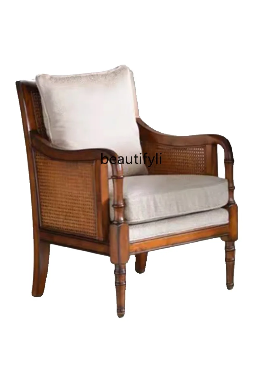 

French Retro Solid Wood Distressed Solid Wood Single-Seat Sofa Chair Double Three American and European Style Rattan Balcony