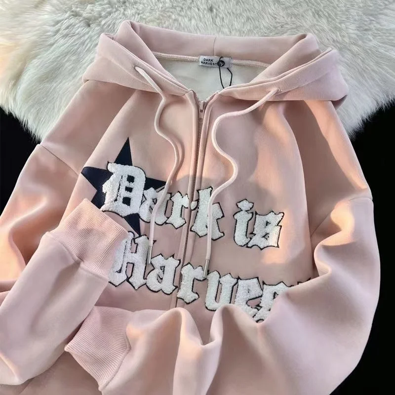 Y2k Kawaii Embroidered Stars Zip Hoodie For Women Autumn Winter Oversize Sweatshirt Plush Thickened Fashion Streetwear Clothes