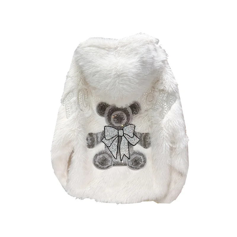 Cartoon Beaded Furry Coat Female 2023 Winter Thickened Warm Rhinestone Bow Temperament Faux Fur Coat Women Kawaii Clothes