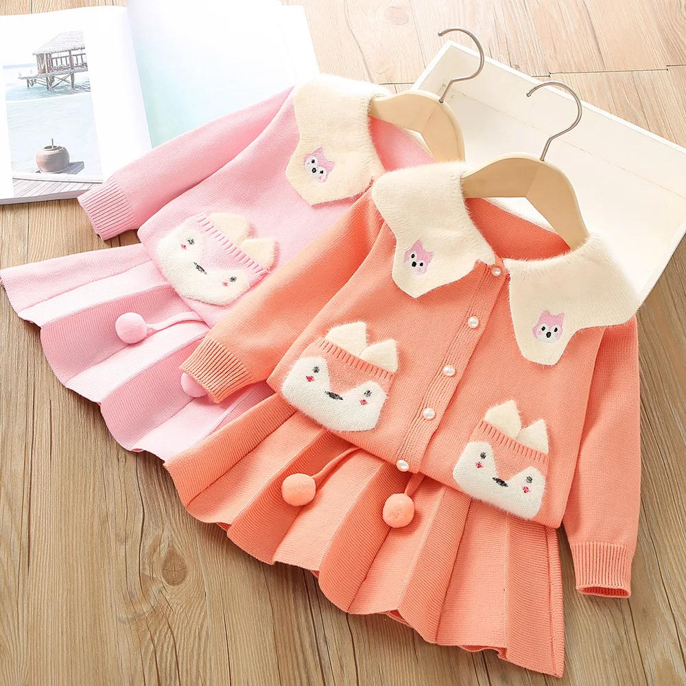 

Girls Knitted Clothes Sets Autumn Winter Children Woolen Sweaters Coats Skirts 2pcs Party Suit For Baby Christmas Cute Costume