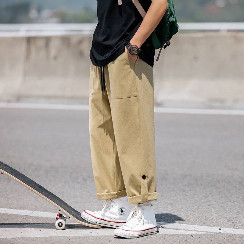 Casual pants with double feet in autumn and winter have a sense of design, tooling, straight long pants joggers men