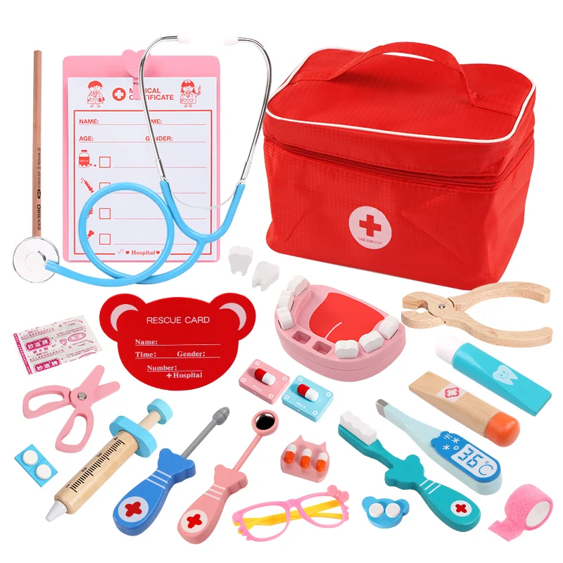 Children's Wooden MakeShift Home Simulation Medicine Box Doctor Set Nurse Boy Girl Baby Role-Playing Toy