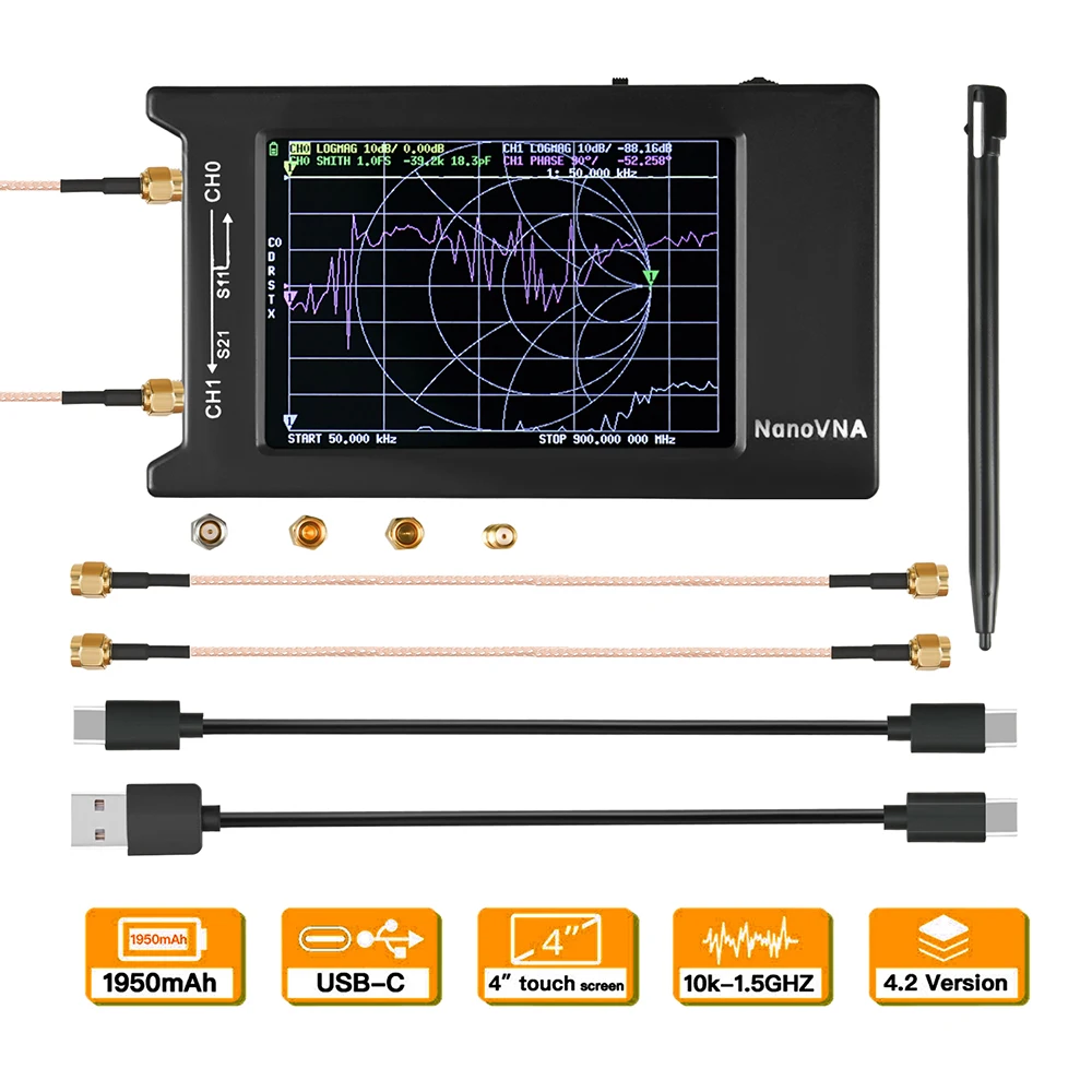 NanoVNA-H4 4inch Vector Network Analyzer 10k-1.5GHz HF VHF UHF Antenna ...
