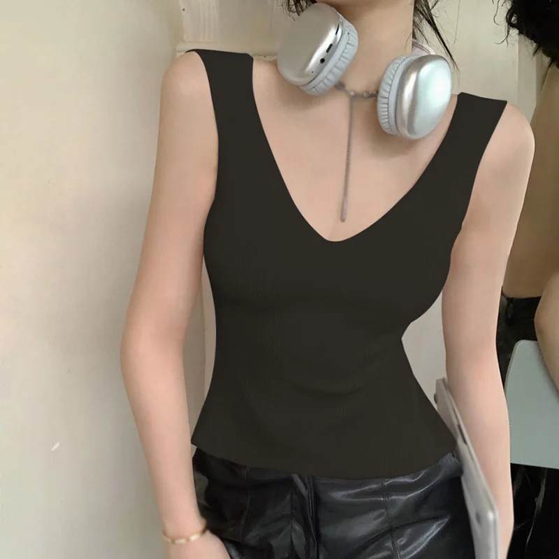 

V Neck Backless Sexy Women's Tank Tops Brief Fashion Knitted Sleeveless Tees Solid Colour Slim Ladies Vest