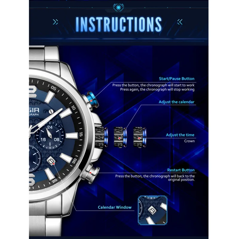 Quartz Watch For Men Wrist Watch Stainless Steel Band Chronograph Watches Luminous Waterproof Wristwatch Man Clock Reloj Hombre