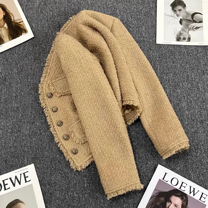 Khaki Small Fragrance Suit Coat Women's Autumn Winter New Casual Loose Basic Tassel French Casual Long Sleeve Ladies Chic Jacket