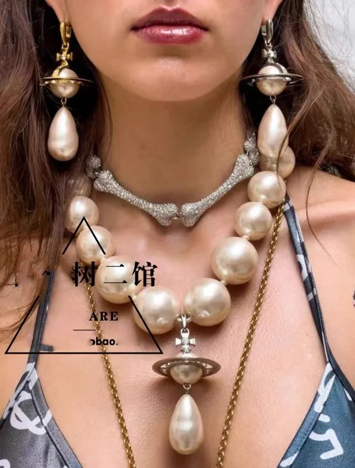 European and American oversized exaggerated pearl Saturn full zircon necklace