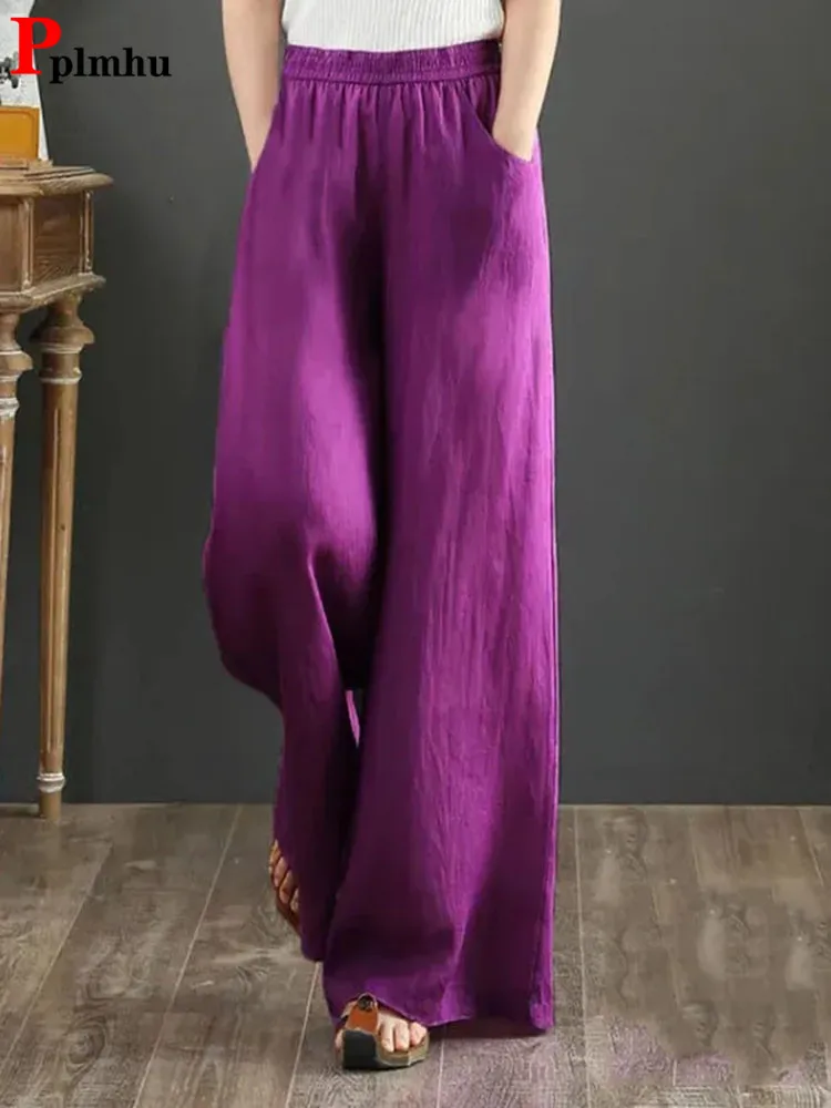 Women Vintage Wide Leg Pants Cotton Linen High Waist Baggy Trousers Mom's Ankle-length Oversized Pantalones New Elegant Spodnie