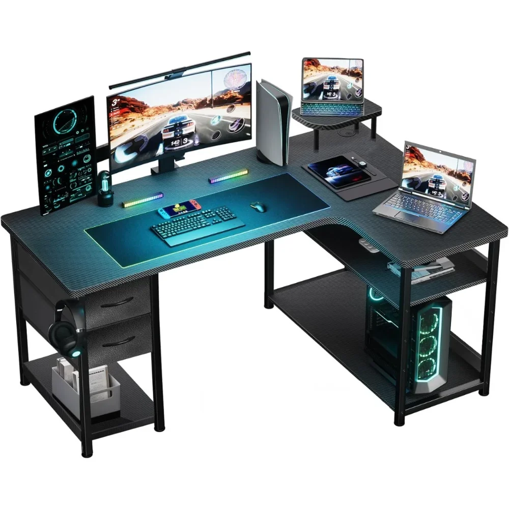"Gaming Desk with Drawers, Carbon Fiber-Style L-Shaped Computer Desk – Monitor Arm Compatible Corner Design for Gamers" 1