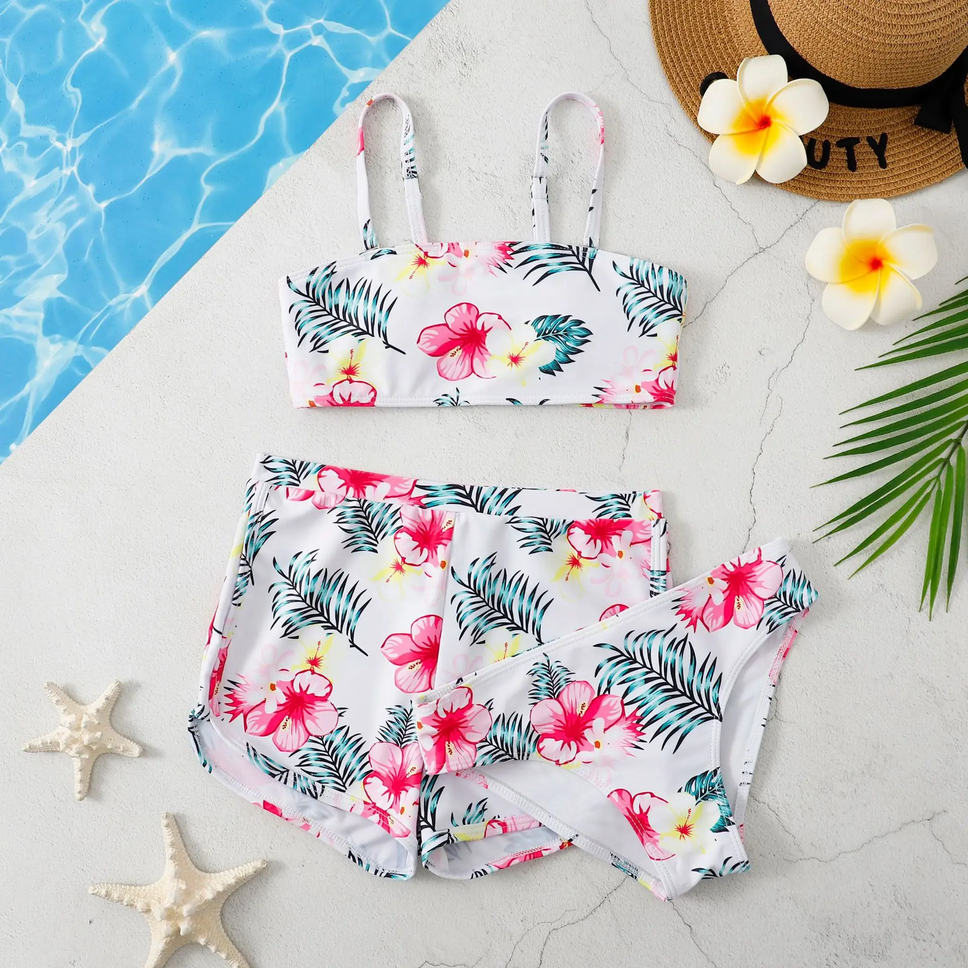 Girls 3pack Coconut Palm Print Bikini Sets with Shorts Trunks Kids Swimsuit 7-12 Years Children's Swimwear Bathing Suit