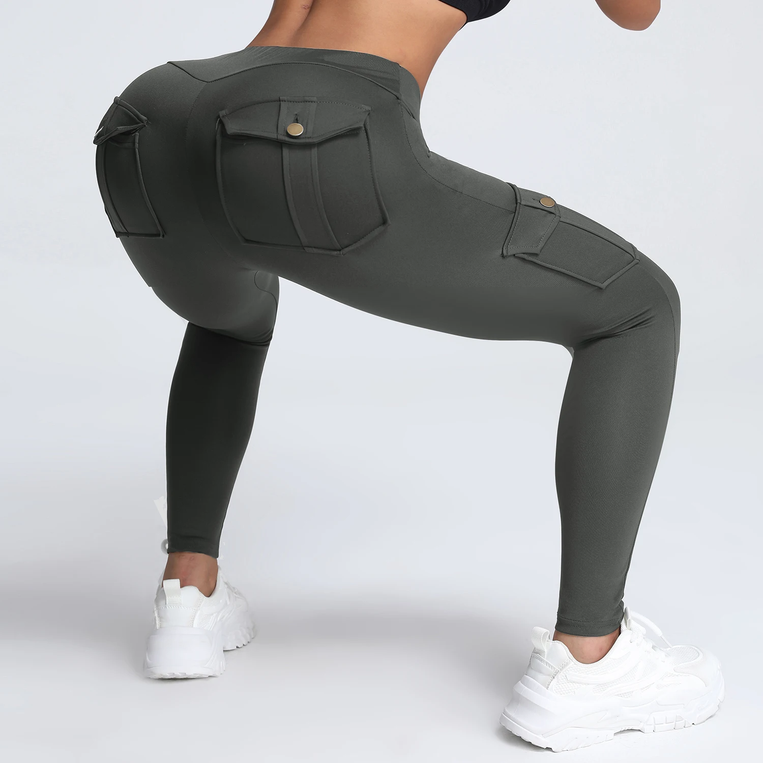 Cargo Style Fitness Pants Women's Sports Tight Leggings With Pocket Stretch High Waist Peach Hip Trousers StreetWear 3