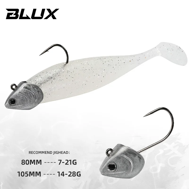 Isca de silicone Blux-soft com cauda preta, isca artificial, cabeça de jighead, baixo, água salgada, baixo, swimbait, peixinho, 80mm, 105mm