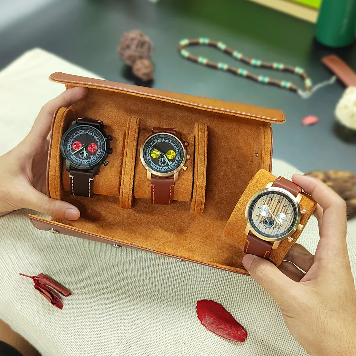 Custom Watch Roll Travel Case 1/2/3-Slot Personalized Watch Case Leather Box for Him Engraved Travel Box Men's Gfits
