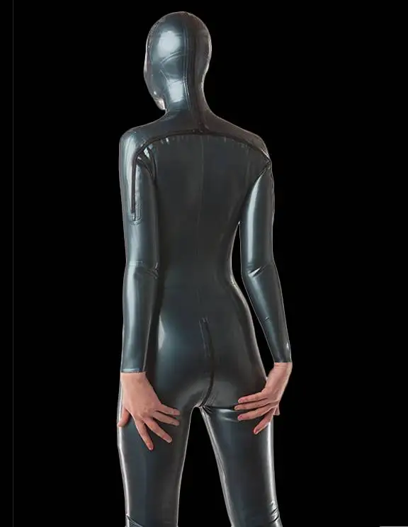 

Sexy Black Latex Full Body Catsuit Rubber Bodysuits Hood No Socks with T-back and Crotch Zipper
