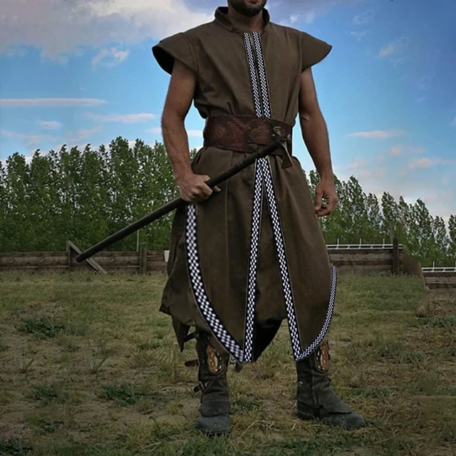 Tunica medievale senza maniche da uomo Robe stampata Larp Costume vichingo  Tarbard Warrior camicia Cosplay camicetta lunga sassone celtica - AliExpress