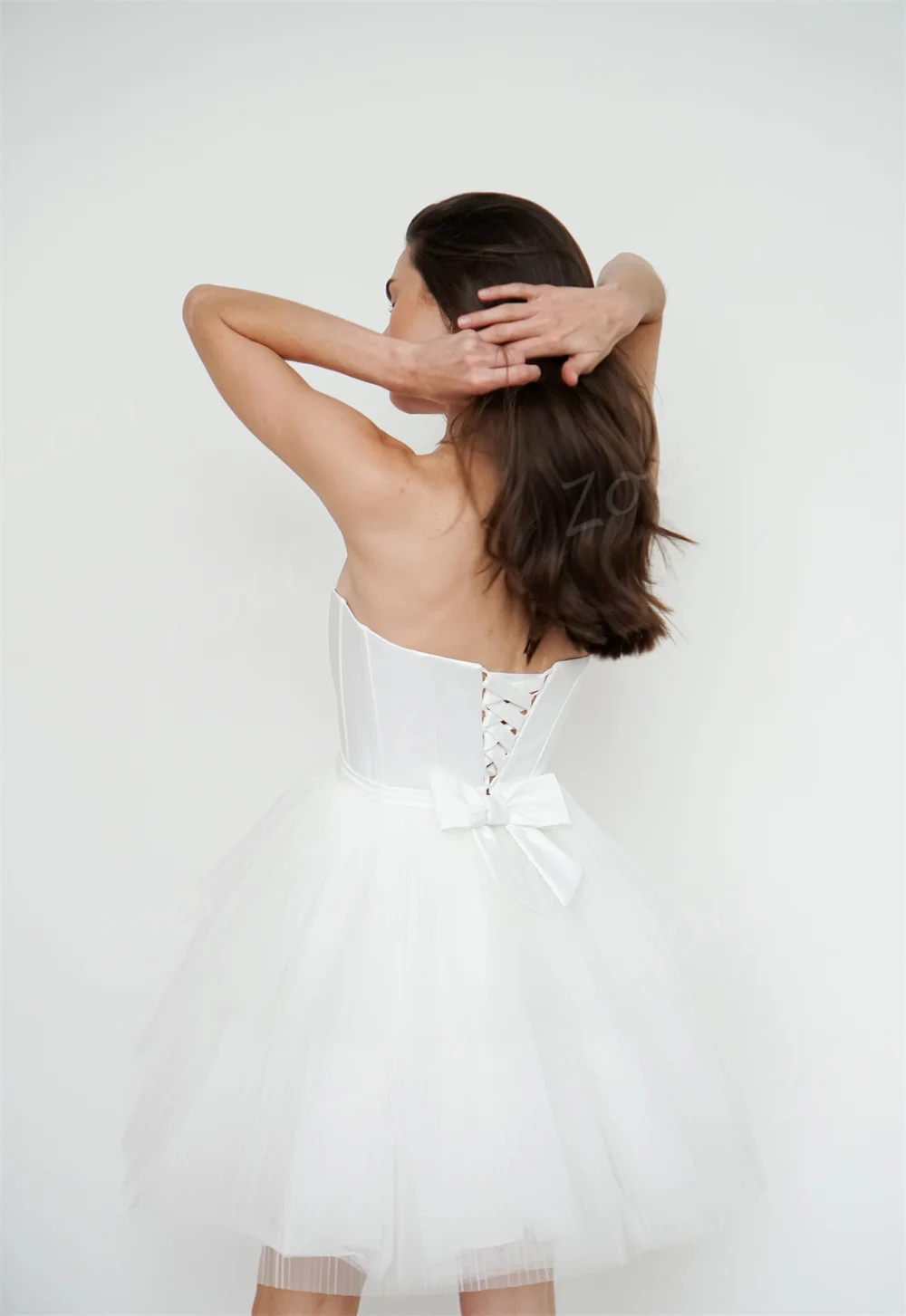 Zoci Simple Strapless White Short Wedding Dresses Sleeveless Tulle Corset Bride Dress Customized vestidos de novia Wedding Gown 4