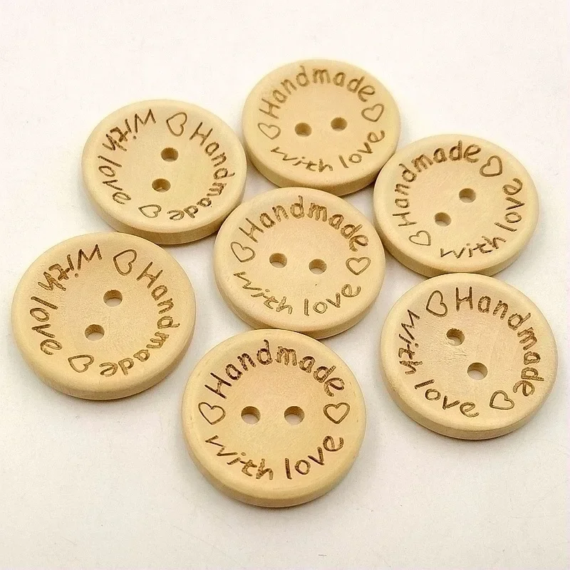 50pcs Wooden Buttons 15/25mm Round Simple 2-hole Buttons "Handmade with Love" Clothing Accessories