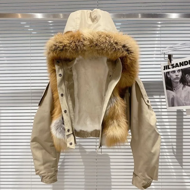 Embrace Winter Elegance with Removable Fox Fur and Wool Liner Crop Jacket