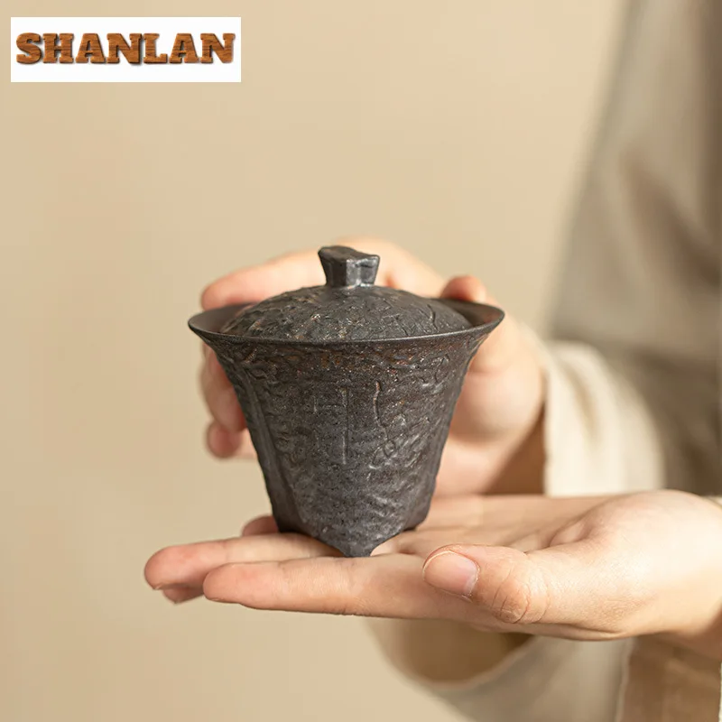 80ml Handmade Coarse Pottery Gaiwan Ancient Bronze Glaze Three Leg Tea Tureen Household Tea Making Cover Bowl Drinkware Craft