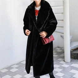 Women Winter High Quality Loose Lapel Thickened Warm Long Artificial Rabbit Fur Coat Long Sleeve  Large Size Ladies Plush Coat