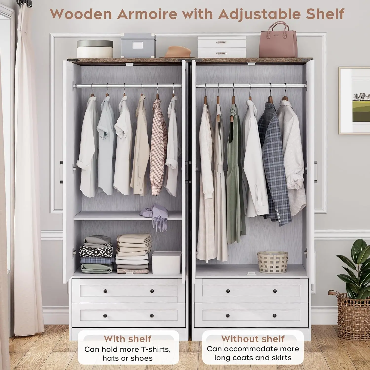 Wardrobe Closet with 2 Modern Doors, 71" Tall Freestanding Closet Wardrobe Cabinet with Drawers and Hanging Rail,