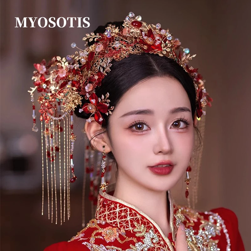 

Новая китайская Свадебная фотосессия головной убор красный цветок невеста феникс корона высококачественные аксессуары для волос
