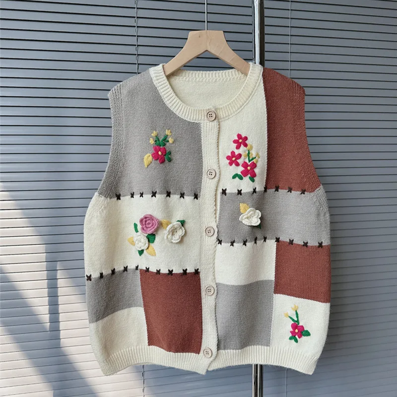 

Knitted sweater vest for women sweet floral embroidery stitching jumpers tanks cardigans round neck sleeveless tanks