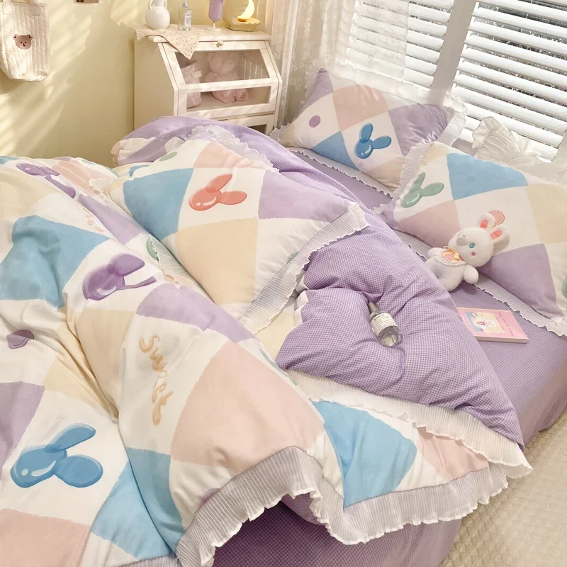 

150/180/200CM Geometry Print Purple Polyester Bed Sheet Duvet Cover Pillowcase Four-piece Spring Summer Bedding Set M055-30