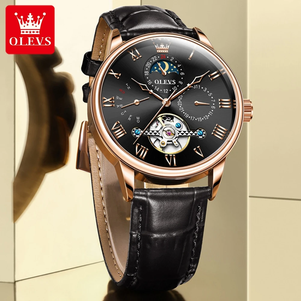 OLEVS Original Skeleton Mechanical Watch for Men Leather Strap Luxury Top Brand Moon Phase Waterproof Automatic Men's Wristwatch