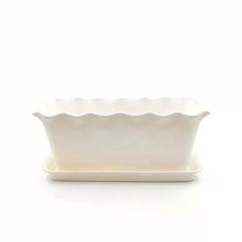 Fioriera Rettangolare con Bordo Ondulato Color Crema con Sottovaso, Spessa e Resistente ai Raggi UV, Perfetta per Balcone, Patio, Giardinaggio di Fiori ed Erbe, Casa - immagine 5