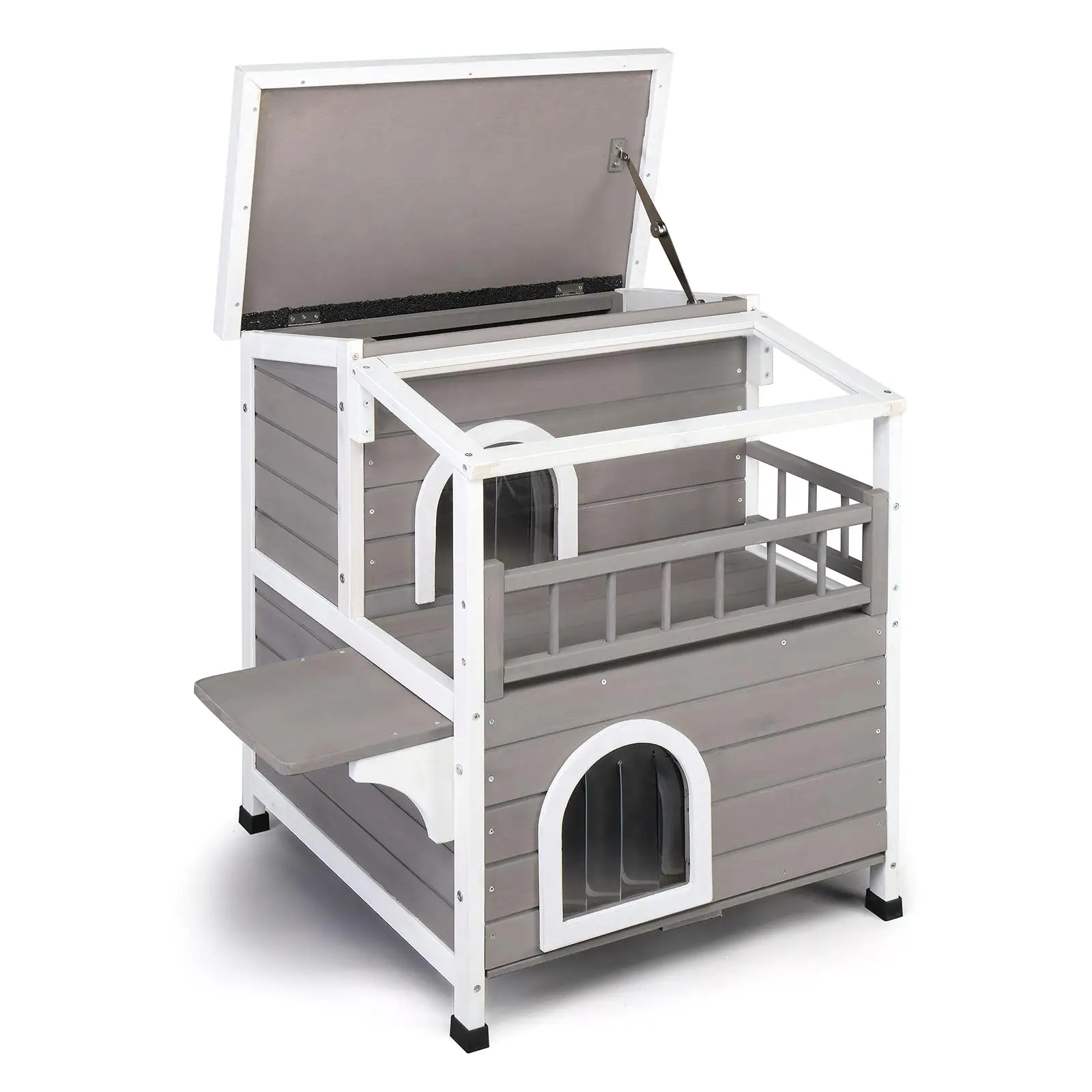 2-Story Luxury Wooden Cat House for Indoor/Outdoor Use-Weatherproof, Canopy, Balcony & Double Escape Door-Grey/White