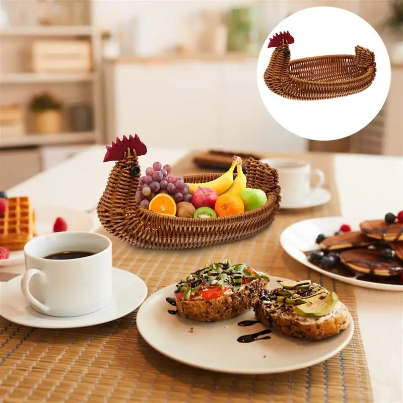 Rattan Woven Fruit Basket Cute Chicken Shaped Fruit Bread Basket Snack Tray Food Serving Basket Easter Egg Hunting Game 4