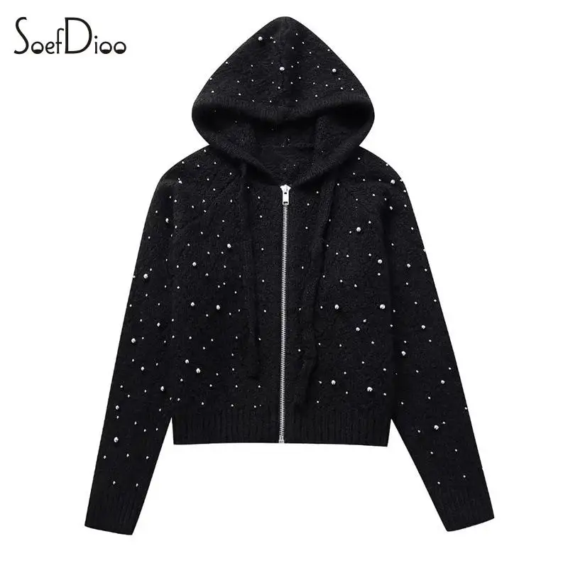 

Soefdioo Diamonds Hot Rhinestone Shinny Knitted Cardigan Women Fashion Hooded Zipper Up Sweater Coat 2023 Fall Y2K Streetwear